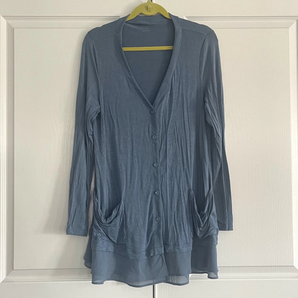 LOGO by Lori Goldstein LS Button Cardigan w/Sheer Hems